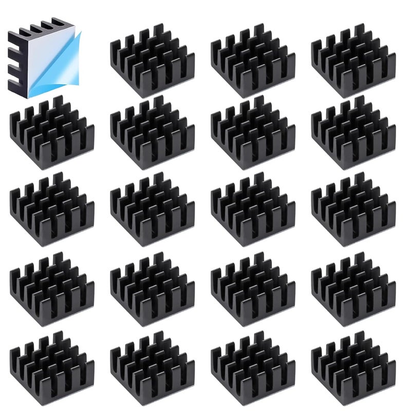 Manesi 20PCS Black Aluminum Heat Sink with Thermal Conductive Adhesive Tape, 14×14×7mm Heatsink Cooler for Cooling VRM GPU Stepper Driver MOSFET VRam Regulators - Image 1